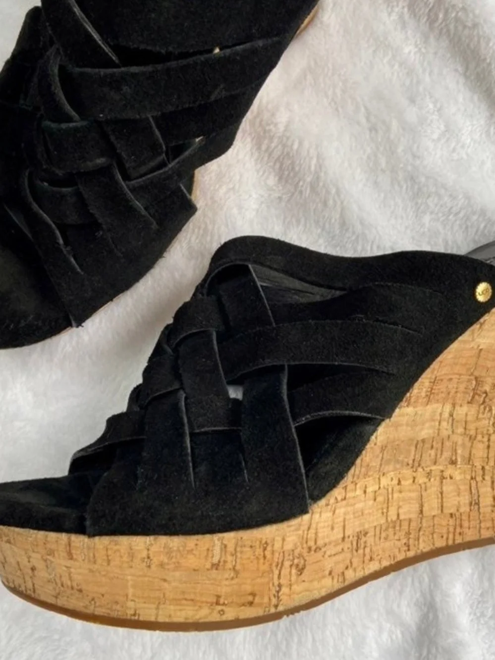 Women's UGGS Black Suede Wedge Sandals with Cork Platform